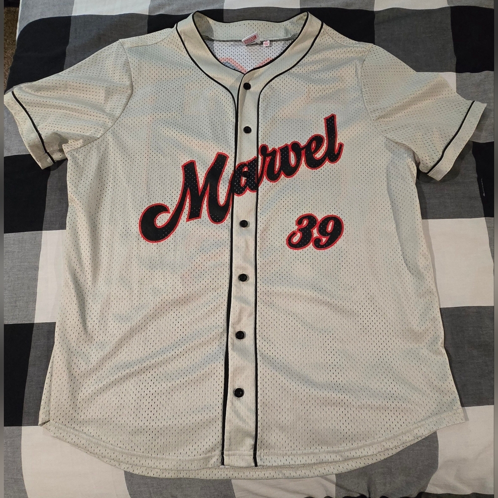 Marvel Cream Baseball Jersey with Black and Red Accents